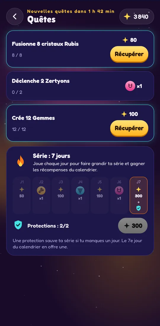 Capture d'écran de Zertyzzle : Quêtes du jour et série de connexion